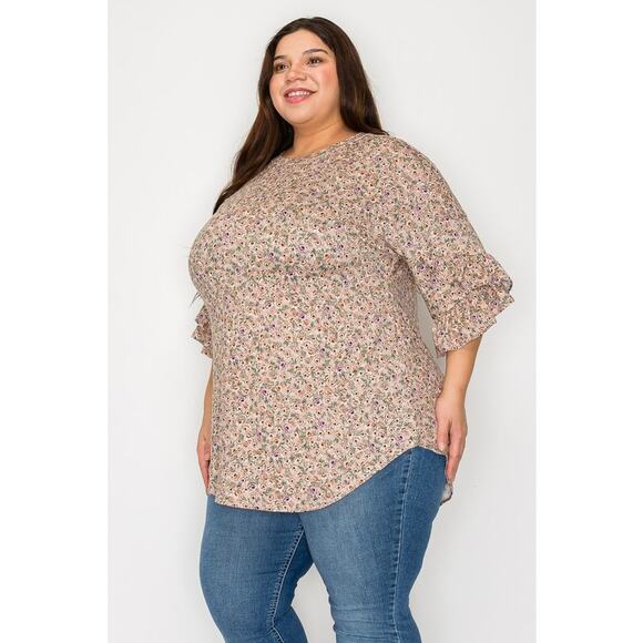 057 Curvy Lovey Flower Print Tunic Top With Double Ruffle Sleeves in Taupe - Picture 2 of 5